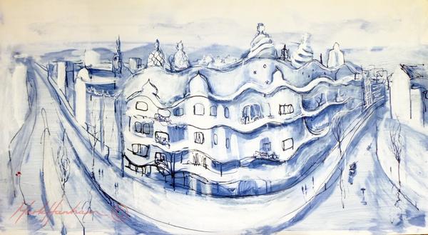 Painting of Gaudi_s La Pedrera in blue - Paintings Spain
