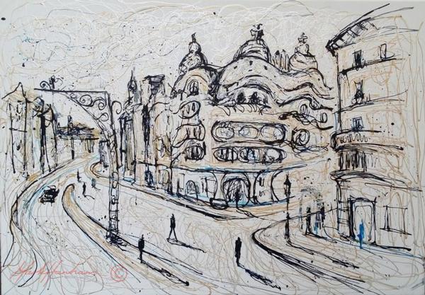 Painting by Mark Hanham titled Gaudi In Gold - Paintings Spain