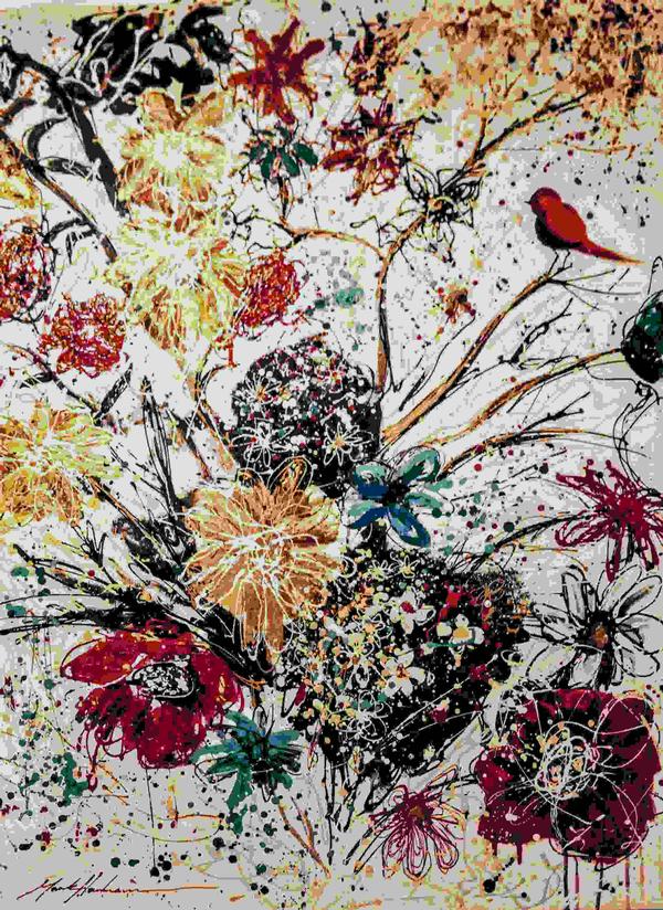 Blossoms in Bloom with Red Robin - Paintings Birds