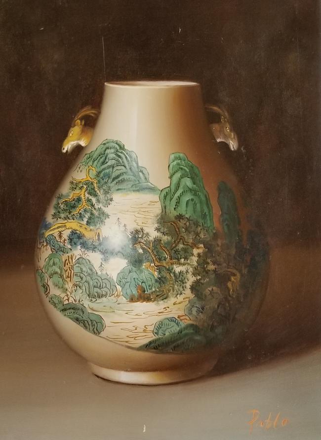 Chinese Painting - Small Vase with Goat Head Handles - Make an Offer!