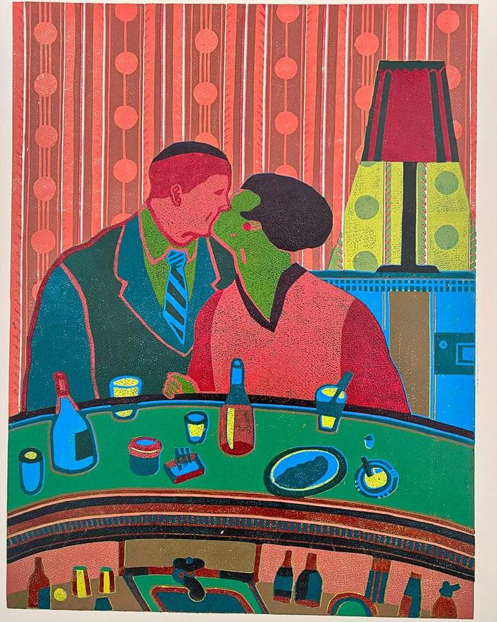 Dairan Fernandez de la Fuente - Untitled (Kiss in the casino)<br>Reduction Woodcut Print 2025