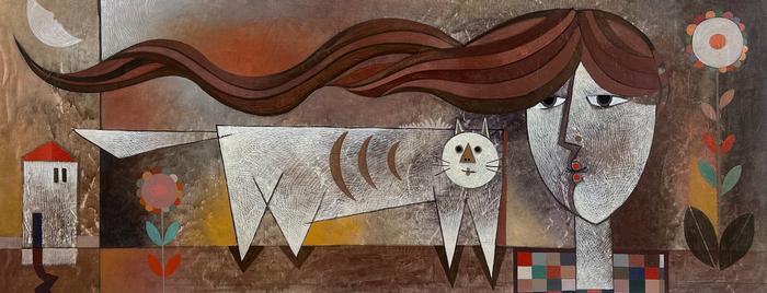 Orestes Gaulhiac - La joven del gato blanco<br>Acrylic on canvas 2025