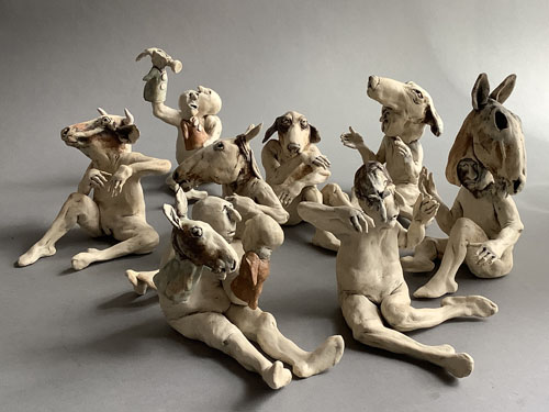 Aggie Zed quirky figurative animal hybrid ceramic sculpture at Seager Gray Gallery in Mill Valley CA in the San Francisco Bay Area