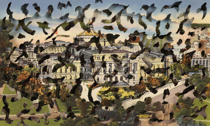 Doub Beube DC_ Deconstructing Washington _11 an altered postcard_ collage piece at Seager Gray Gallery in Mill Valley CA in the San Francisco Bay Area