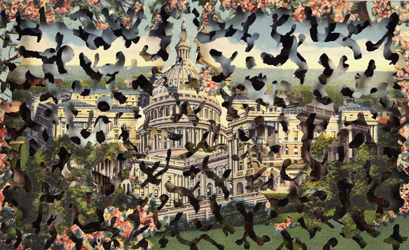 Doub Beube DC_ Deconstructing Washington _22 an altered postcard_ collage piece at Seager Gray Gallery in Mill Valley CA in the San Francisco Bay Area