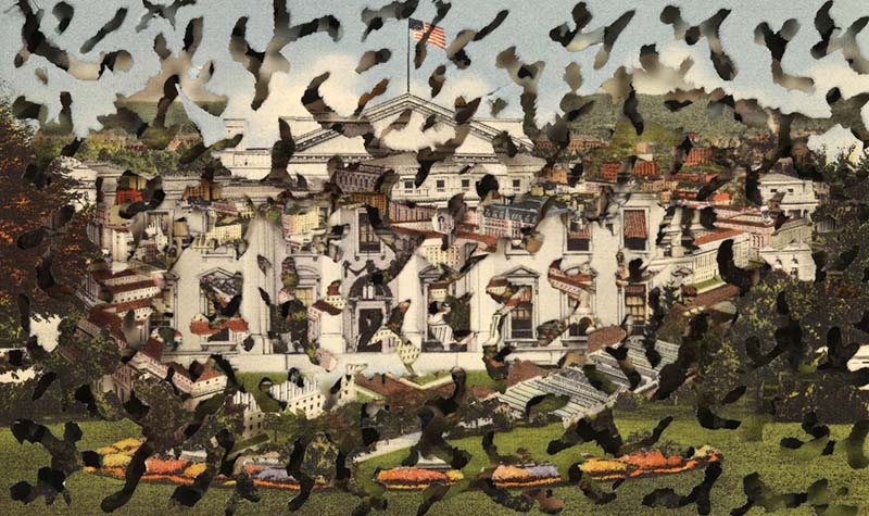 Doub Beube DC_ Deconstructing Washington _7 an altered postcard_ collage piece at Seager Gray Gallery in Mill Valley CA in the San Francisco Bay Area
