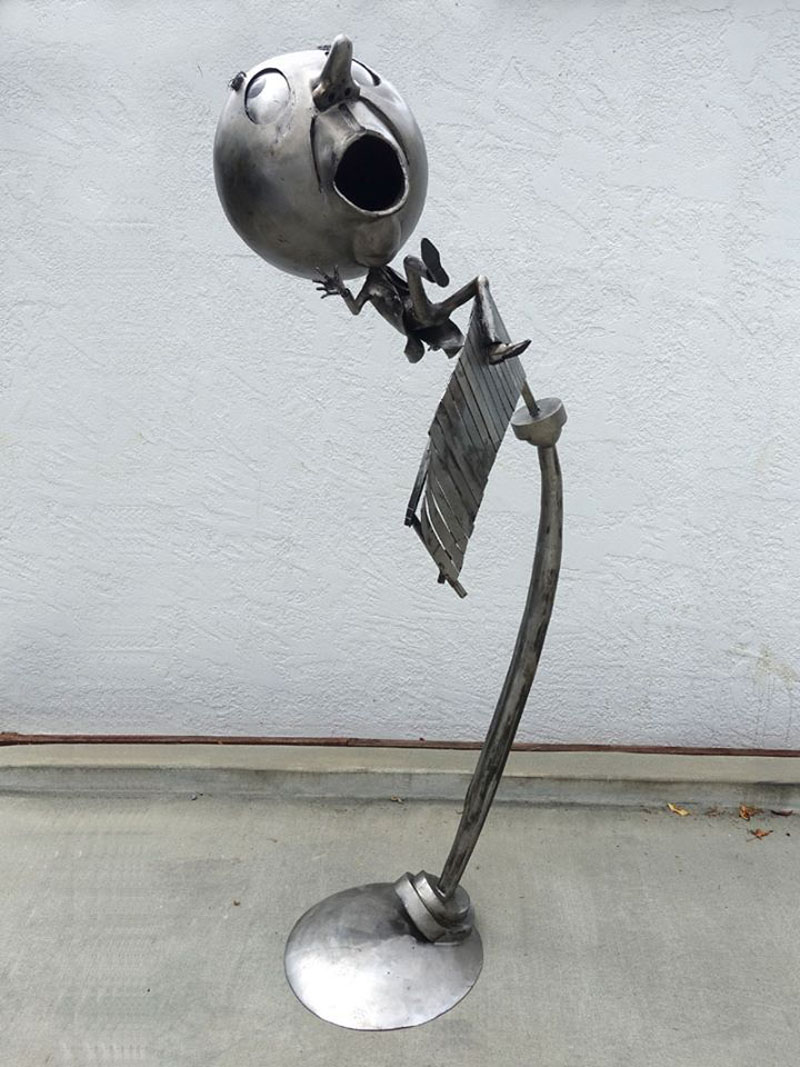 Rodger Jacobson Mugwump a quirky steel figurative sculpture at Seager Gray Gallery in Mill Valley CA in the San Francisco Bay Area