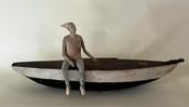 Cathy Rose_ Open Water_ boat and figure sculpture in porcelain clay and wood at Donna Seager Fine Arts in San Rafael in the San Francisco Bay Area