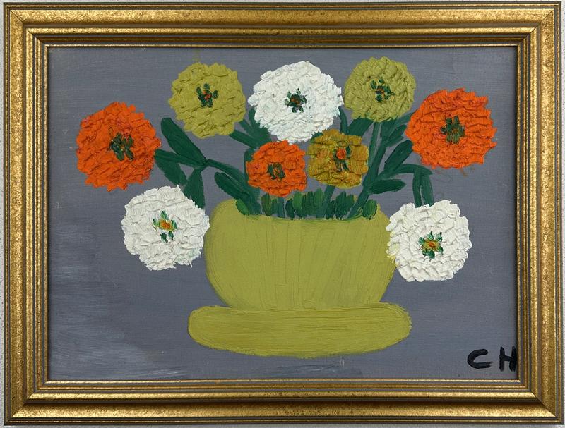 Clementine Hunter - Zinnias on a Grey Background