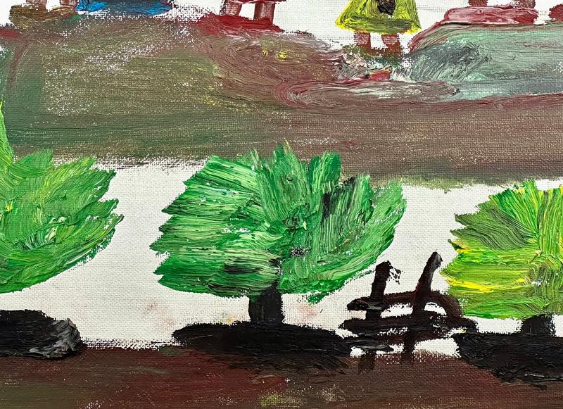 Detail of thick, expressive strokes and vibrant colors and her late 1980's signature.