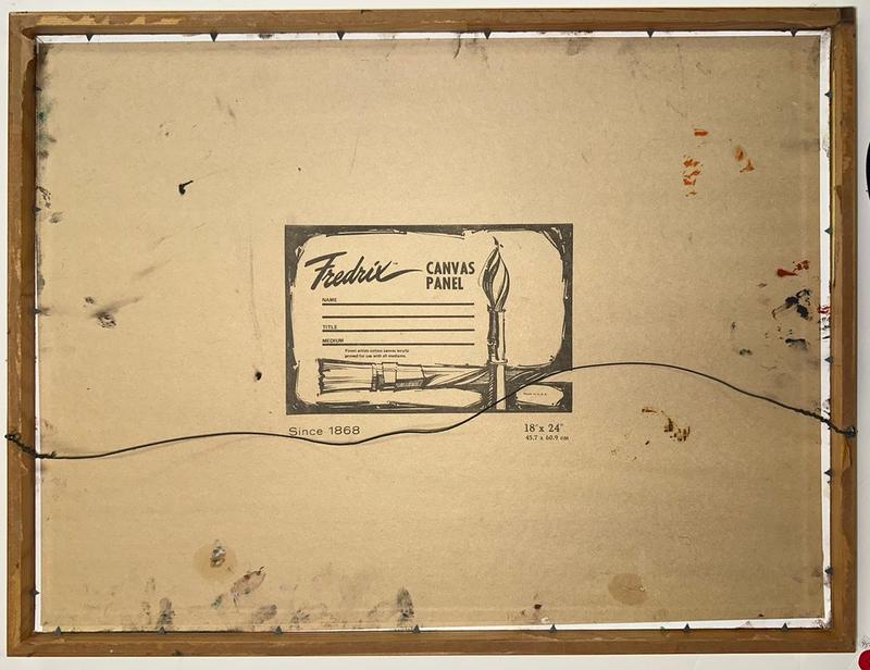 Image of the back of the painted panel showing fingerprints and paint smudges - typical of her later work. Note: painting is painted on an upside down canvas panel.