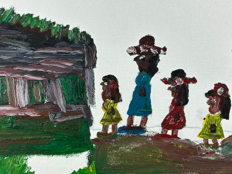 Detail of the ladies going to Church - note the pencil marks still showing in the background.