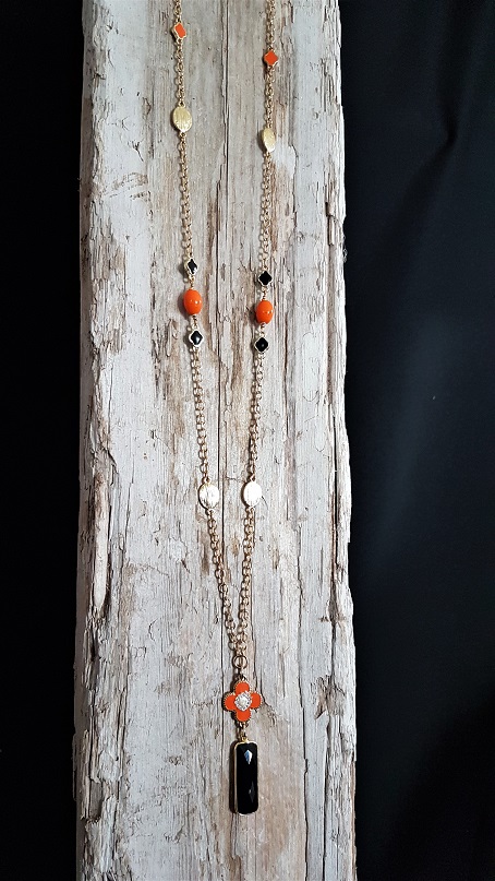 4085. Black Onyx Pendant on Gold and Clay bead Necklace - Lynn Walsh