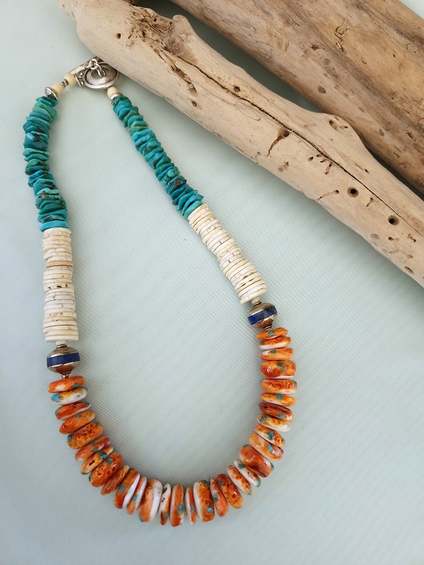 5219. Turquoise_ Spiny Oyster roundelles_ Shell Necklace - Lynn Walsh