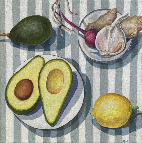 Avocado Halves on Teal Stripes - Gillian Haig