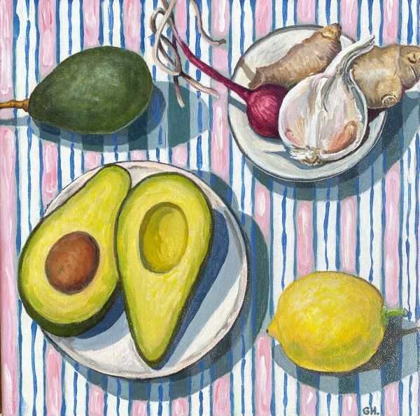 Avocado Halves on Teal Stripes - Gillian Haig