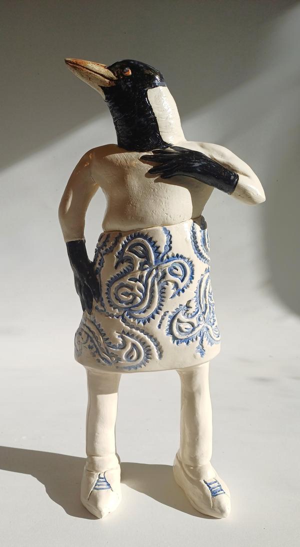 Sally Hook - Magpie in Blue Patterned Skirt