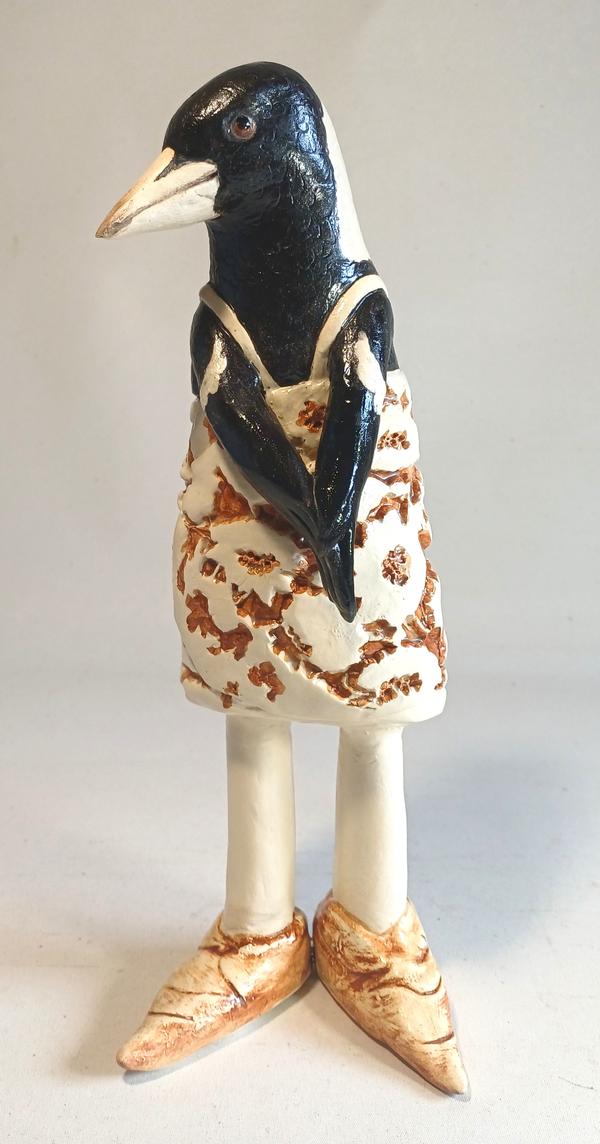 Magpie in Brown and White Floral Dress - Sally Hook