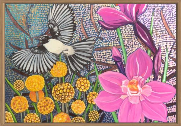 Mr Waggs with Native Sun Orchids and Billy Buttons - Katie Sandison