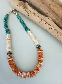 Lynn Walsh 5219. Turquoise_ Spiny Oyster roundelles_ Shell Necklace