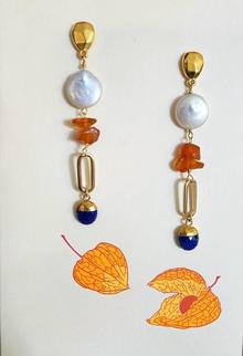 Lynn Walsh 5410. Pearl_ Amber_ Lapis Lazuli Gold Earrings