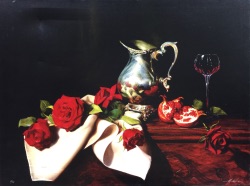 Silver Pitcher With Wine Glass and Red Roses
