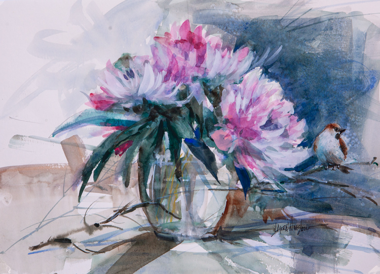 Peonies With Sparrow by Laura Winslow at Sylvan Gallery - LAURA WINSLOW
