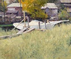NEAL HUGHES White Boat at Burnham_s by Neal Hughes at Sylvan Gallery